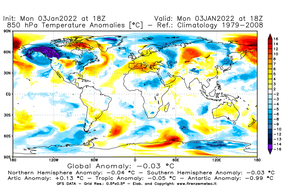 Mappa di analisi GFS - Anomalia Temperatura [°C] a 850 hPa in World
							del 03/01/2022 18 <!--googleoff: index-->UTC<!--googleon: index-->