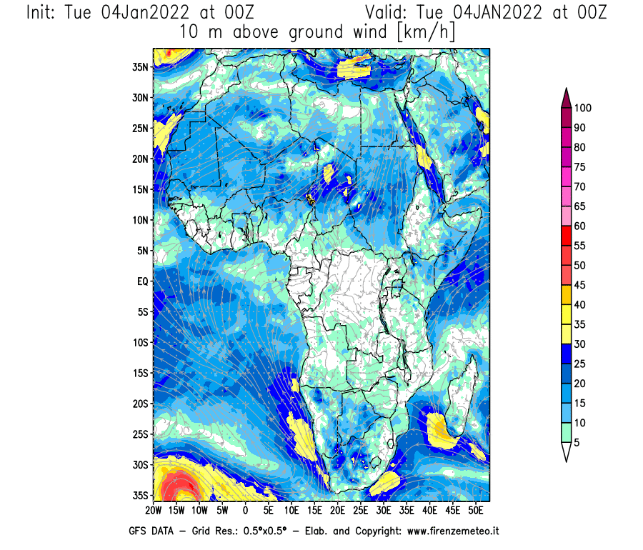 Mappa di analisi GFS - Velocità del vento a 10 metri dal suolo [km/h] in Africa
							del 04/01/2022 00 <!--googleoff: index-->UTC<!--googleon: index-->