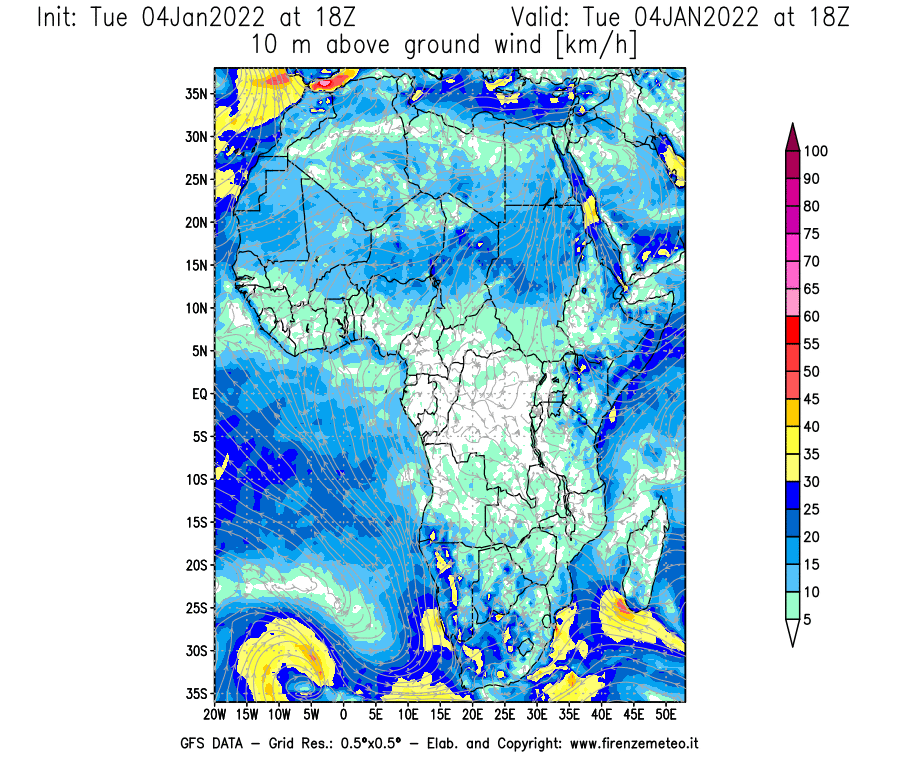 Mappa di analisi GFS - Velocità del vento a 10 metri dal suolo [km/h] in Africa
							del 04/01/2022 18 <!--googleoff: index-->UTC<!--googleon: index-->