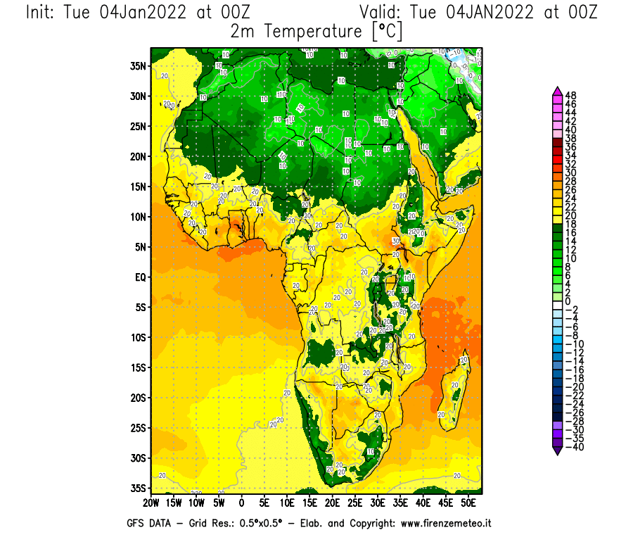 Mappa di analisi GFS - Temperatura a 2 metri dal suolo [°C] in Africa
							del 04/01/2022 00 <!--googleoff: index-->UTC<!--googleon: index-->