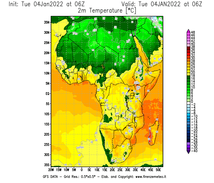 Mappa di analisi GFS - Temperatura a 2 metri dal suolo [°C] in Africa
							del 04/01/2022 06 <!--googleoff: index-->UTC<!--googleon: index-->