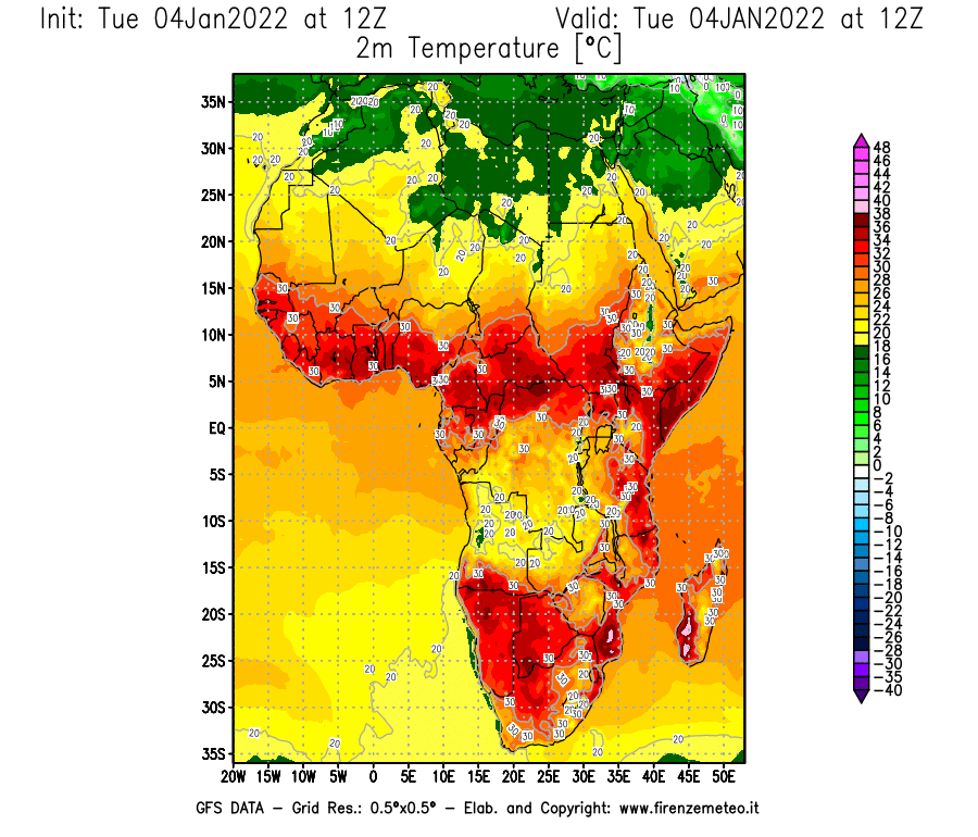 Mappa di analisi GFS - Temperatura a 2 metri dal suolo [°C] in Africa
							del 04/01/2022 12 <!--googleoff: index-->UTC<!--googleon: index-->