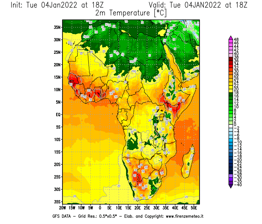 Mappa di analisi GFS - Temperatura a 2 metri dal suolo [°C] in Africa
							del 04/01/2022 18 <!--googleoff: index-->UTC<!--googleon: index-->