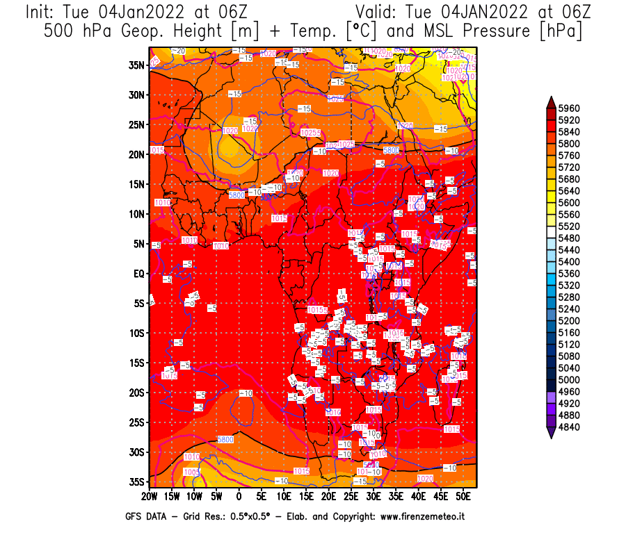 Mappa di analisi GFS - Geopotenziale [m] + Temp. [°C] a 500 hPa + Press. a livello del mare [hPa] in Africa
							del 04/01/2022 06 <!--googleoff: index-->UTC<!--googleon: index-->