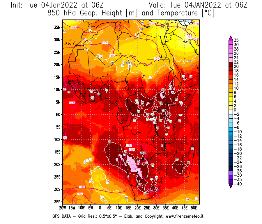Mappa di analisi GFS - Geopotenziale [m] e Temperatura [°C] a 850 hPa in Africa
							del 04/01/2022 06 <!--googleoff: index-->UTC<!--googleon: index-->