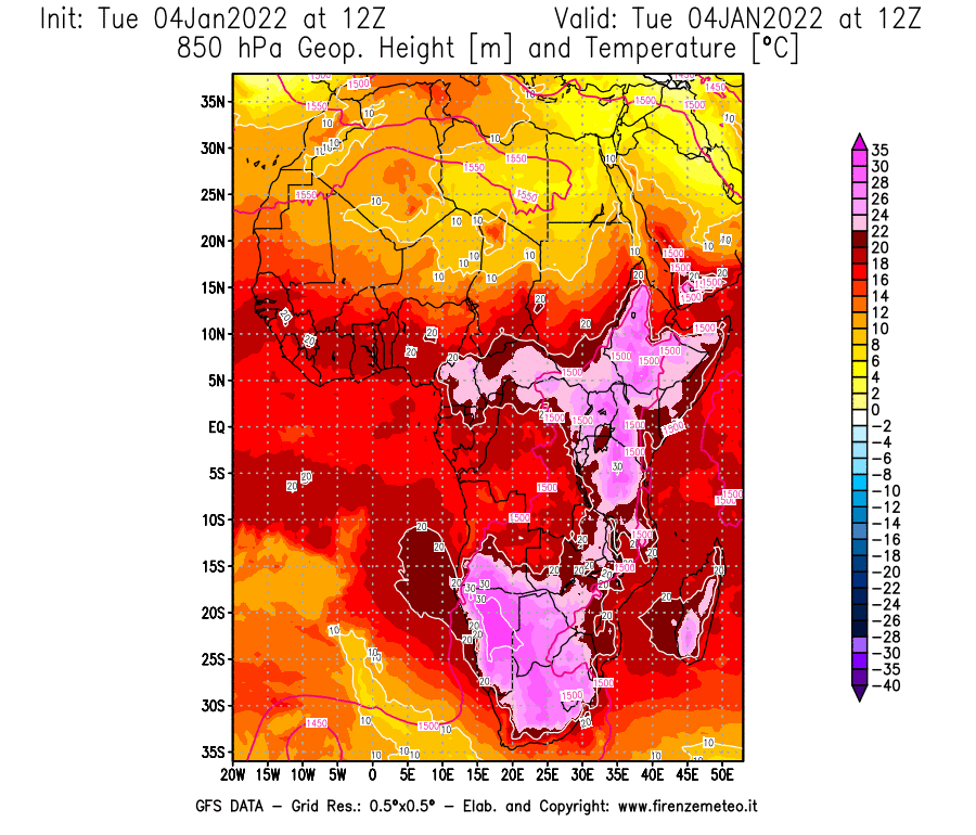 Mappa di analisi GFS - Geopotenziale [m] e Temperatura [°C] a 850 hPa in Africa
							del 04/01/2022 12 <!--googleoff: index-->UTC<!--googleon: index-->