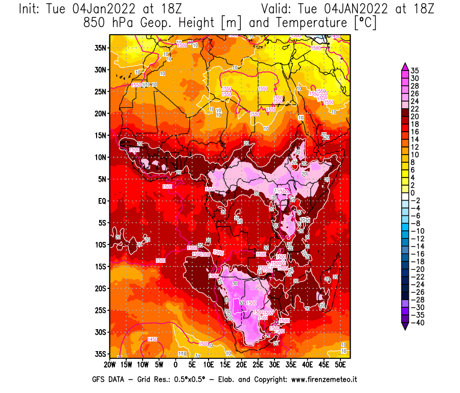 Mappa di analisi GFS - Geopotenziale [m] e Temperatura [°C] a 850 hPa in Africa
							del 04/01/2022 18 <!--googleoff: index-->UTC<!--googleon: index-->