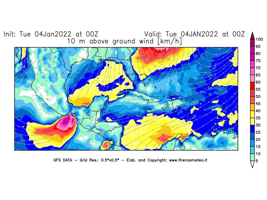 Mappa di analisi GFS - Velocità del vento a 10 metri dal suolo [km/h] in Centro-America
							del 04/01/2022 00 <!--googleoff: index-->UTC<!--googleon: index-->