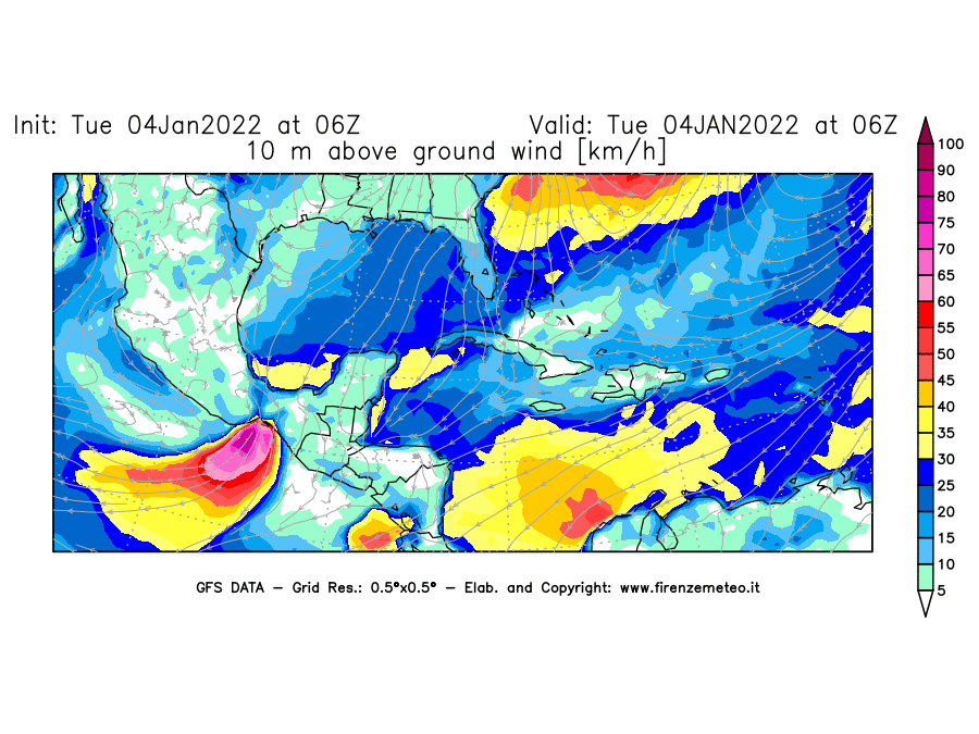 Mappa di analisi GFS - Velocità del vento a 10 metri dal suolo [km/h] in Centro-America
							del 04/01/2022 06 <!--googleoff: index-->UTC<!--googleon: index-->