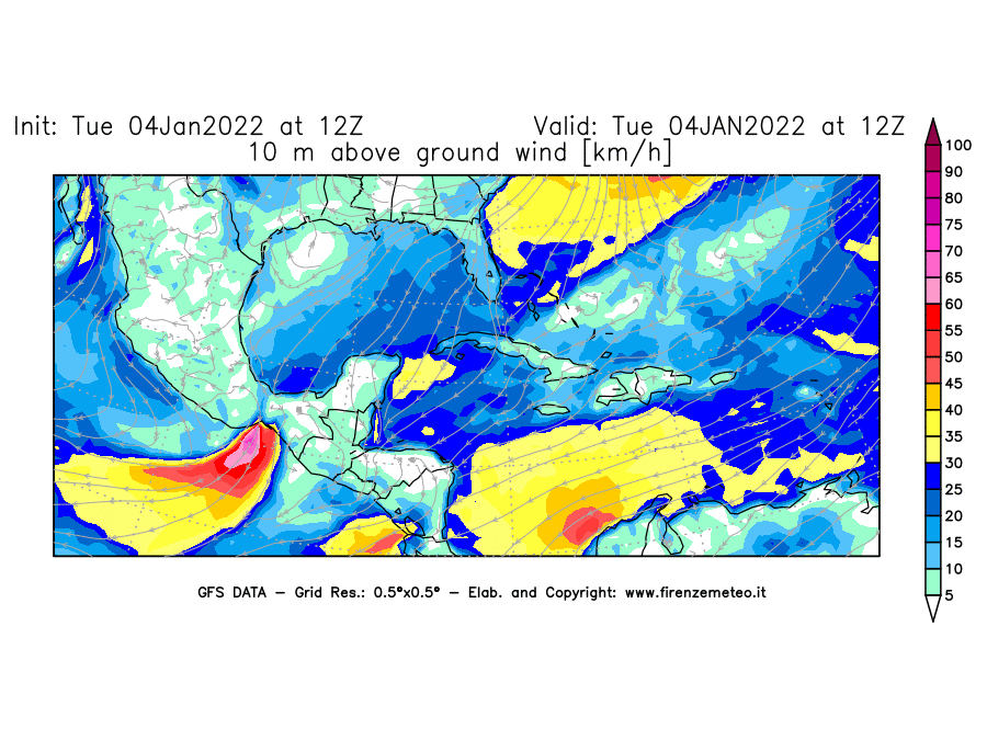 Mappa di analisi GFS - Velocità del vento a 10 metri dal suolo [km/h] in Centro-America
							del 04/01/2022 12 <!--googleoff: index-->UTC<!--googleon: index-->