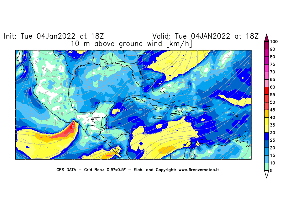 Mappa di analisi GFS - Velocità del vento a 10 metri dal suolo [km/h] in Centro-America
							del 04/01/2022 18 <!--googleoff: index-->UTC<!--googleon: index-->