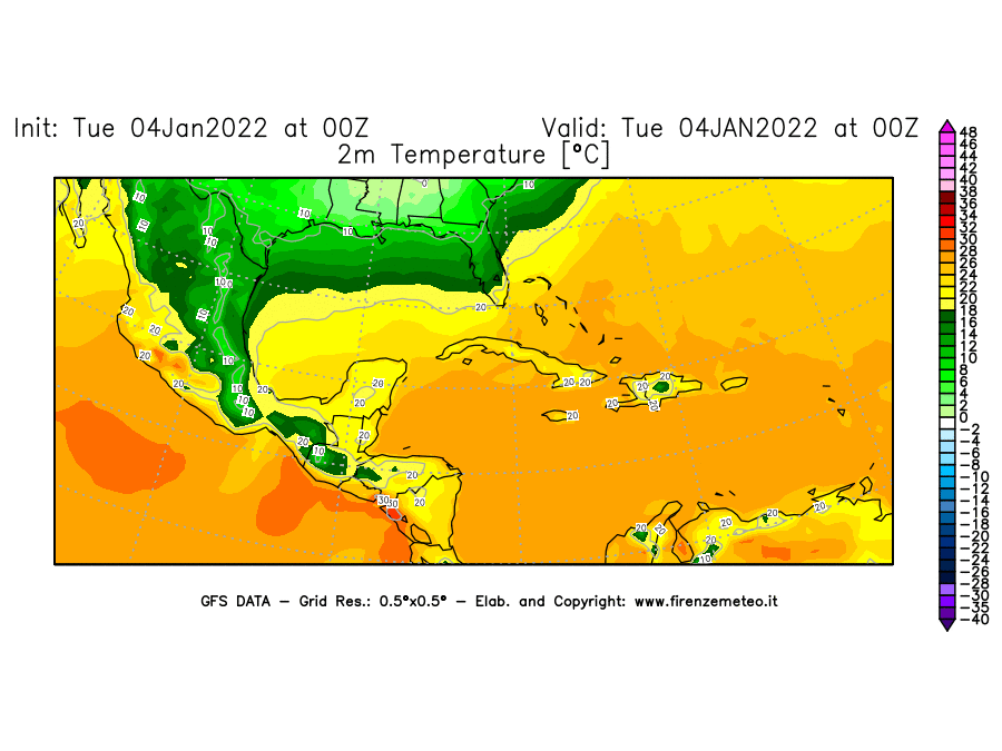 Mappa di analisi GFS - Temperatura a 2 metri dal suolo [°C] in Centro-America
							del 04/01/2022 00 <!--googleoff: index-->UTC<!--googleon: index-->