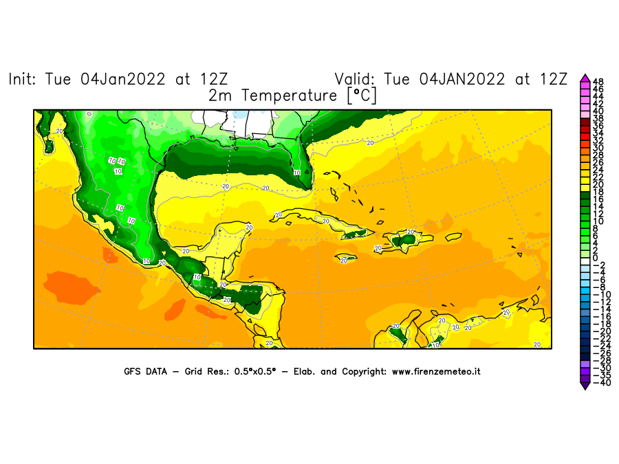 Mappa di analisi GFS - Temperatura a 2 metri dal suolo [°C] in Centro-America
							del 04/01/2022 12 <!--googleoff: index-->UTC<!--googleon: index-->