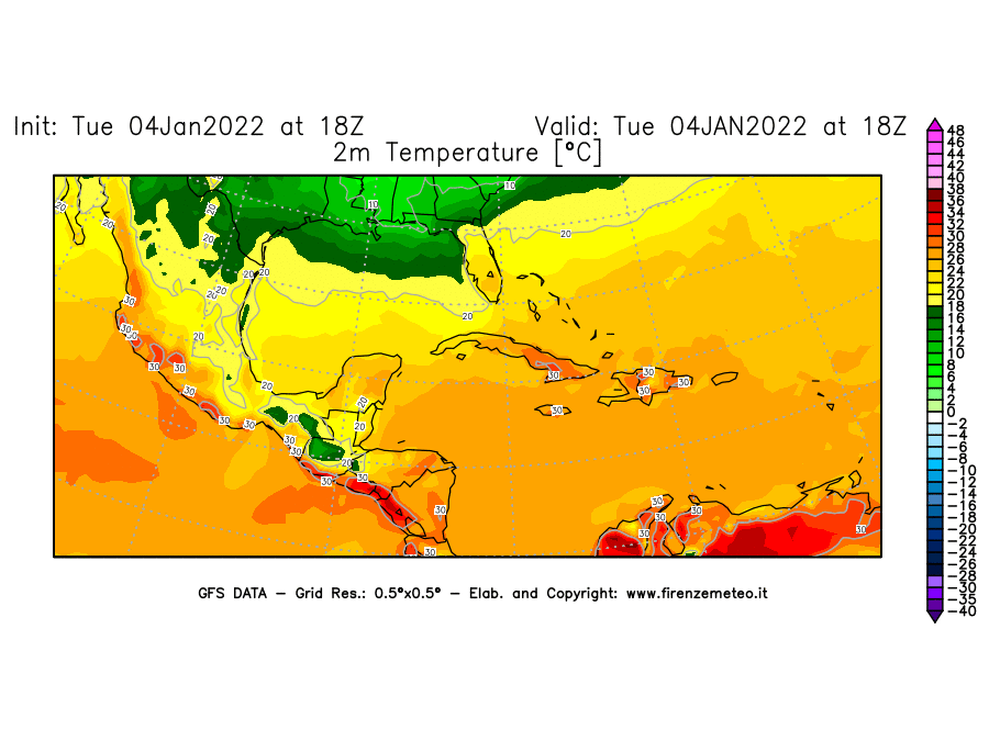 Mappa di analisi GFS - Temperatura a 2 metri dal suolo [°C] in Centro-America
							del 04/01/2022 18 <!--googleoff: index-->UTC<!--googleon: index-->