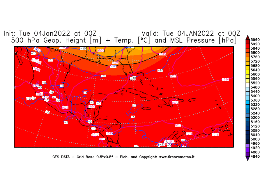 Mappa di analisi GFS - Geopotenziale [m] + Temp. [°C] a 500 hPa + Press. a livello del mare [hPa] in Centro-America
							del 04/01/2022 00 <!--googleoff: index-->UTC<!--googleon: index-->