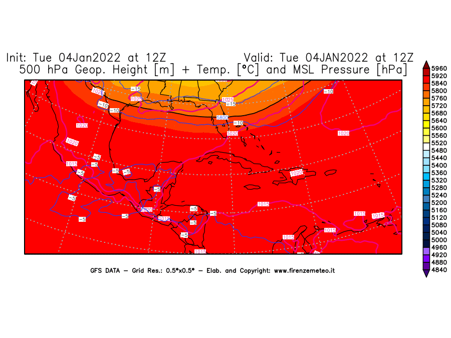 Mappa di analisi GFS - Geopotenziale [m] + Temp. [°C] a 500 hPa + Press. a livello del mare [hPa] in Centro-America
							del 04/01/2022 12 <!--googleoff: index-->UTC<!--googleon: index-->