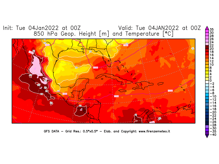 Mappa di analisi GFS - Geopotenziale [m] e Temperatura [°C] a 850 hPa in Centro-America
							del 04/01/2022 00 <!--googleoff: index-->UTC<!--googleon: index-->