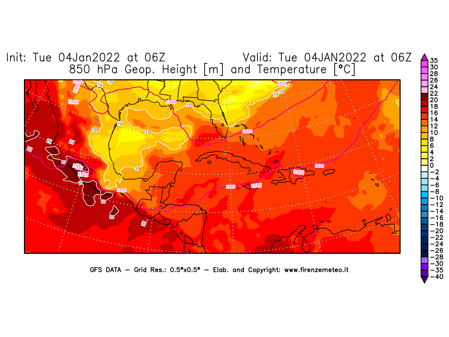 Mappa di analisi GFS - Geopotenziale [m] e Temperatura [°C] a 850 hPa in Centro-America
							del 04/01/2022 06 <!--googleoff: index-->UTC<!--googleon: index-->