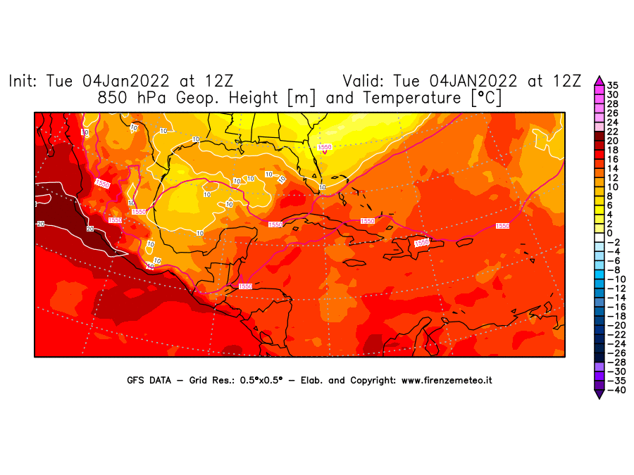 Mappa di analisi GFS - Geopotenziale [m] e Temperatura [°C] a 850 hPa in Centro-America
							del 04/01/2022 12 <!--googleoff: index-->UTC<!--googleon: index-->