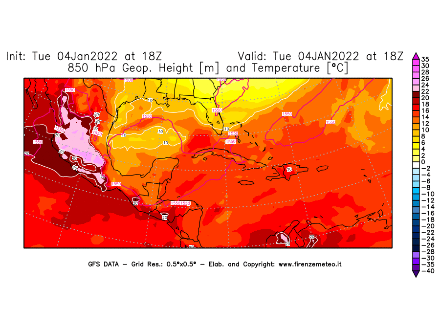 Mappa di analisi GFS - Geopotenziale [m] e Temperatura [°C] a 850 hPa in Centro-America
							del 04/01/2022 18 <!--googleoff: index-->UTC<!--googleon: index-->