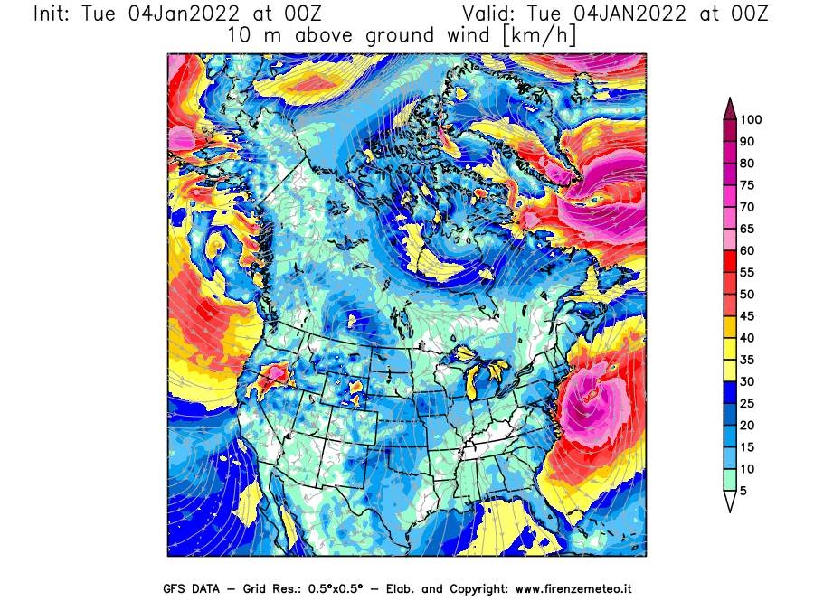 Mappa di analisi GFS - Velocità del vento a 10 metri dal suolo [km/h] in Nord-America
							del 04/01/2022 00 <!--googleoff: index-->UTC<!--googleon: index-->