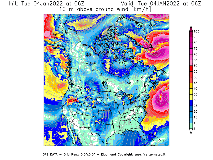 Mappa di analisi GFS - Velocità del vento a 10 metri dal suolo [km/h] in Nord-America
							del 04/01/2022 06 <!--googleoff: index-->UTC<!--googleon: index-->