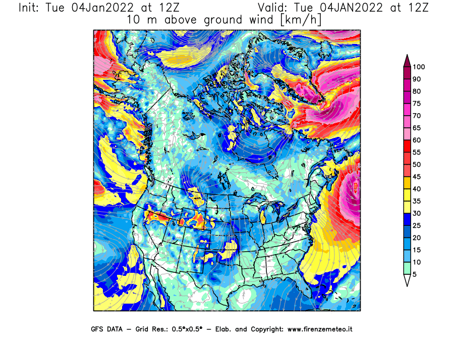 Mappa di analisi GFS - Velocità del vento a 10 metri dal suolo [km/h] in Nord-America
							del 04/01/2022 12 <!--googleoff: index-->UTC<!--googleon: index-->