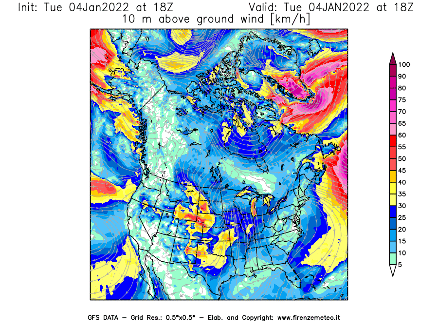 Mappa di analisi GFS - Velocità del vento a 10 metri dal suolo [km/h] in Nord-America
							del 04/01/2022 18 <!--googleoff: index-->UTC<!--googleon: index-->