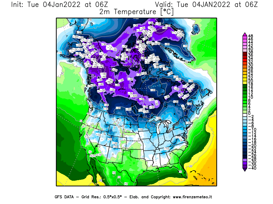 Mappa di analisi GFS - Temperatura a 2 metri dal suolo [°C] in Nord-America
							del 04/01/2022 06 <!--googleoff: index-->UTC<!--googleon: index-->