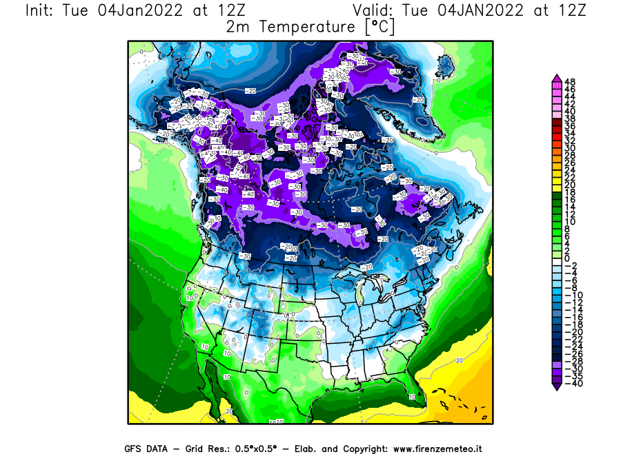 Mappa di analisi GFS - Temperatura a 2 metri dal suolo [°C] in Nord-America
							del 04/01/2022 12 <!--googleoff: index-->UTC<!--googleon: index-->
