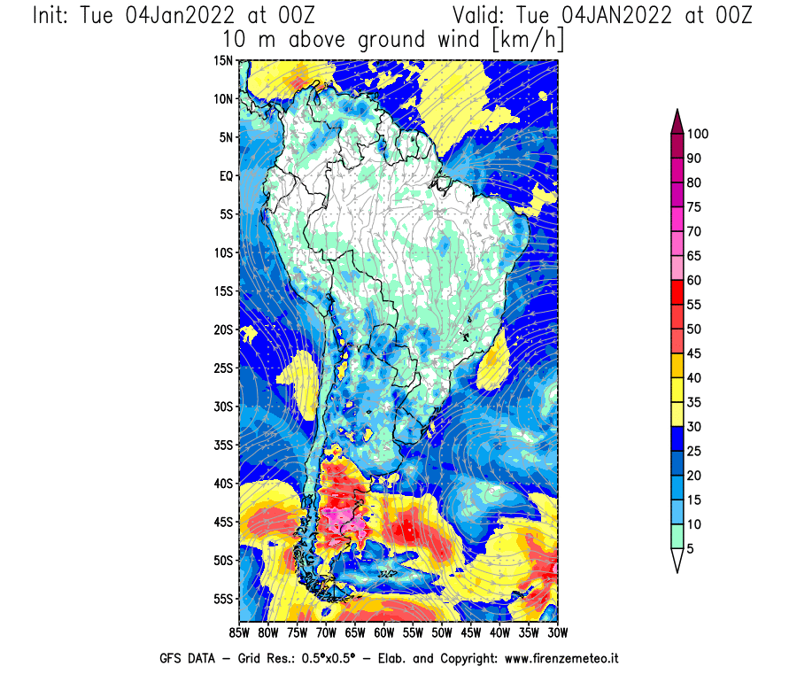 Mappa di analisi GFS - Velocità del vento a 10 metri dal suolo [km/h] in Sud-America
							del 04/01/2022 00 <!--googleoff: index-->UTC<!--googleon: index-->
