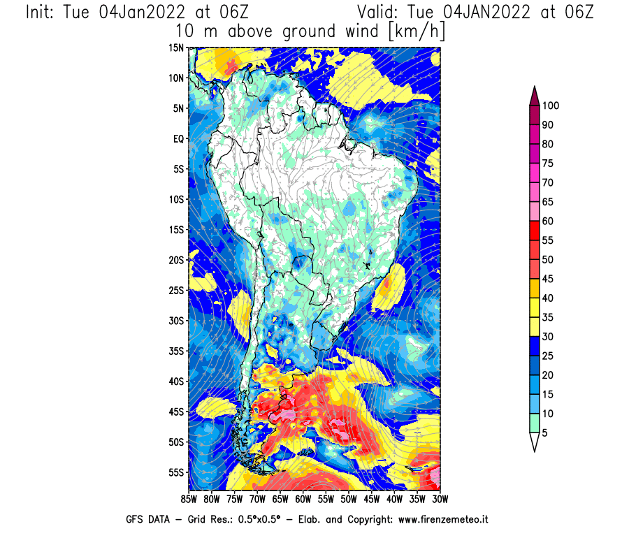 Mappa di analisi GFS - Velocità del vento a 10 metri dal suolo [km/h] in Sud-America
							del 04/01/2022 06 <!--googleoff: index-->UTC<!--googleon: index-->