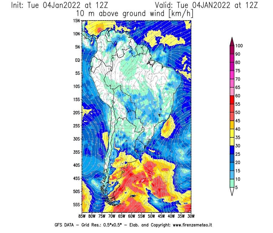 Mappa di analisi GFS - Velocità del vento a 10 metri dal suolo [km/h] in Sud-America
							del 04/01/2022 12 <!--googleoff: index-->UTC<!--googleon: index-->