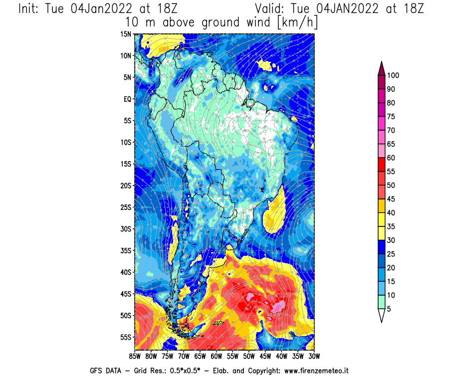 Mappa di analisi GFS - Velocità del vento a 10 metri dal suolo [km/h] in Sud-America
							del 04/01/2022 18 <!--googleoff: index-->UTC<!--googleon: index-->