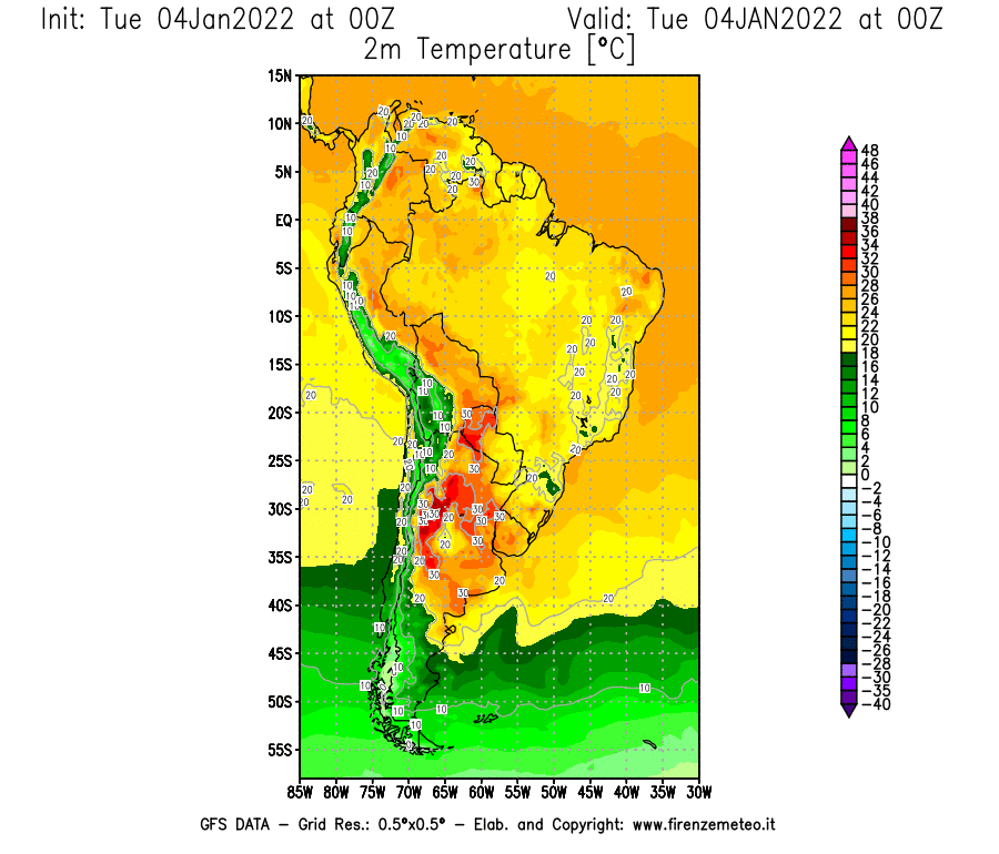 Mappa di analisi GFS - Temperatura a 2 metri dal suolo [°C] in Sud-America
							del 04/01/2022 00 <!--googleoff: index-->UTC<!--googleon: index-->