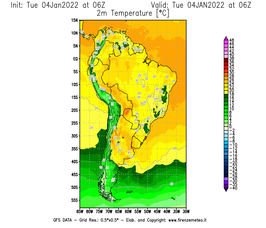 Mappa di analisi GFS - Temperatura a 2 metri dal suolo [°C] in Sud-America
							del 04/01/2022 06 <!--googleoff: index-->UTC<!--googleon: index-->