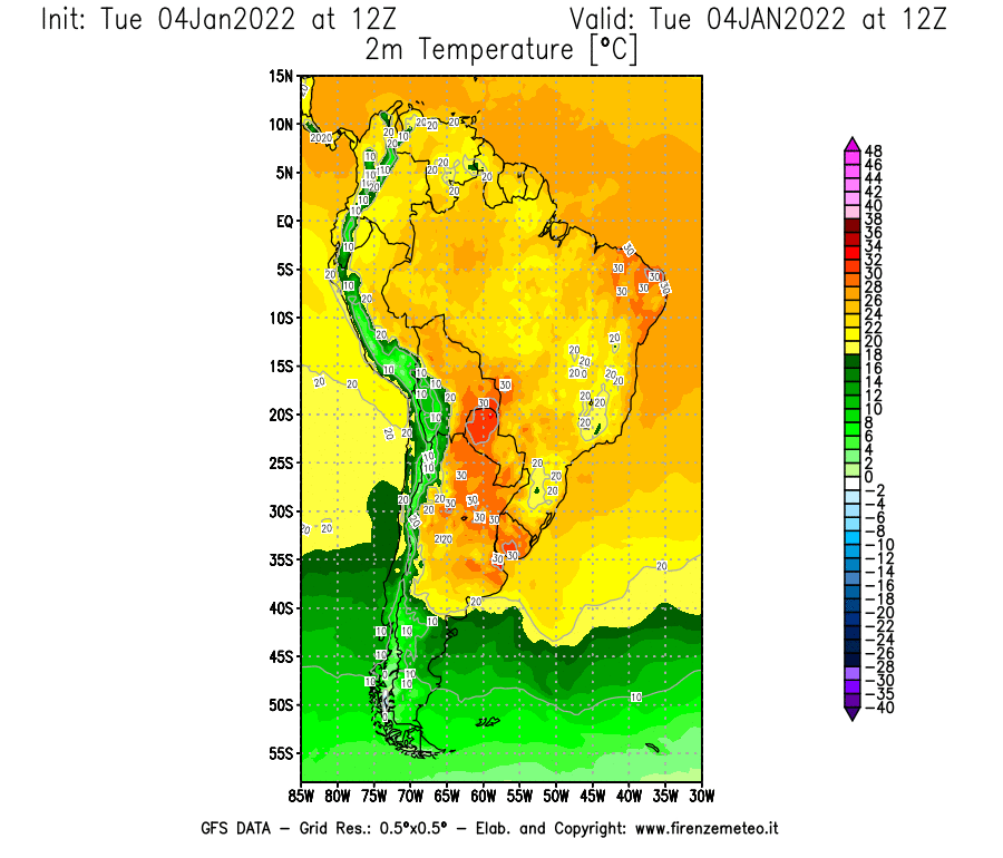 Mappa di analisi GFS - Temperatura a 2 metri dal suolo [°C] in Sud-America
							del 04/01/2022 12 <!--googleoff: index-->UTC<!--googleon: index-->