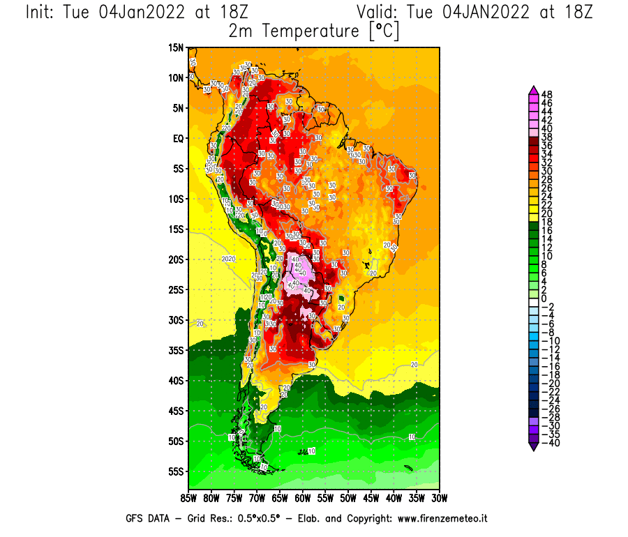 Mappa di analisi GFS - Temperatura a 2 metri dal suolo [°C] in Sud-America
							del 04/01/2022 18 <!--googleoff: index-->UTC<!--googleon: index-->
