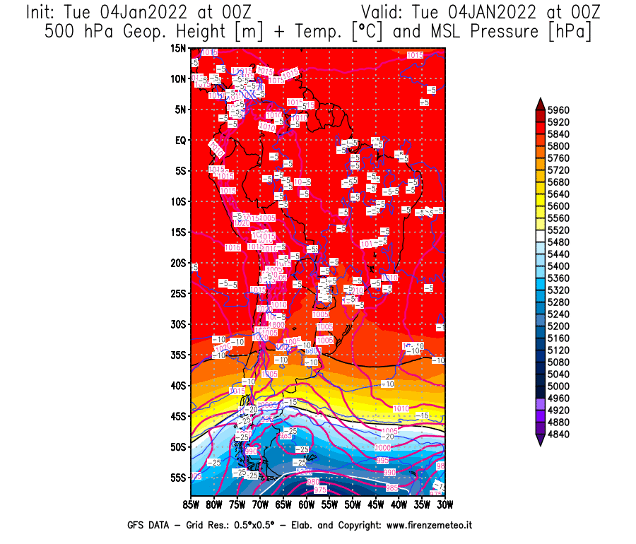 Mappa di analisi GFS - Geopotenziale [m] + Temp. [°C] a 500 hPa + Press. a livello del mare [hPa] in Sud-America
							del 04/01/2022 00 <!--googleoff: index-->UTC<!--googleon: index-->
