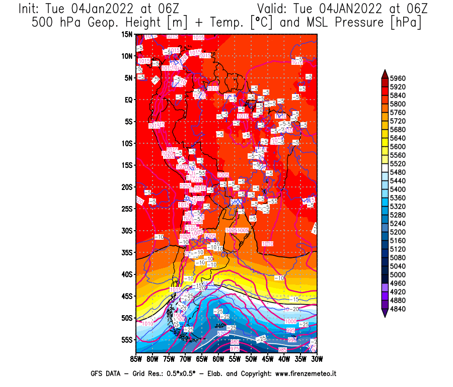 Mappa di analisi GFS - Geopotenziale [m] + Temp. [°C] a 500 hPa + Press. a livello del mare [hPa] in Sud-America
							del 04/01/2022 06 <!--googleoff: index-->UTC<!--googleon: index-->