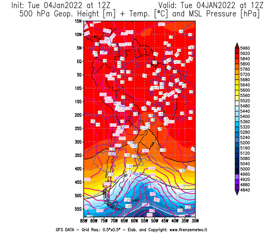 Mappa di analisi GFS - Geopotenziale [m] + Temp. [°C] a 500 hPa + Press. a livello del mare [hPa] in Sud-America
							del 04/01/2022 12 <!--googleoff: index-->UTC<!--googleon: index-->