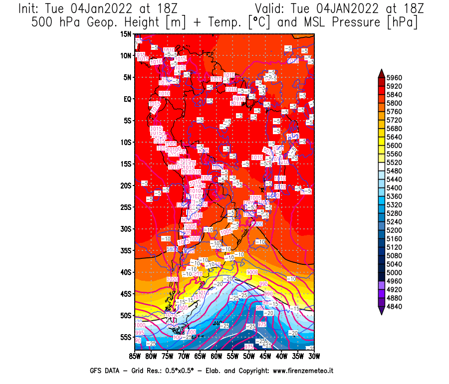 Mappa di analisi GFS - Geopotenziale [m] + Temp. [°C] a 500 hPa + Press. a livello del mare [hPa] in Sud-America
							del 04/01/2022 18 <!--googleoff: index-->UTC<!--googleon: index-->
