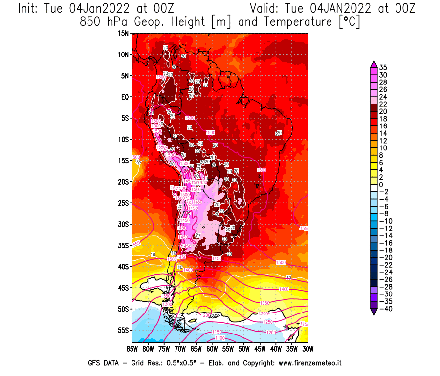 Mappa di analisi GFS - Geopotenziale [m] e Temperatura [°C] a 850 hPa in Sud-America
							del 04/01/2022 00 <!--googleoff: index-->UTC<!--googleon: index-->