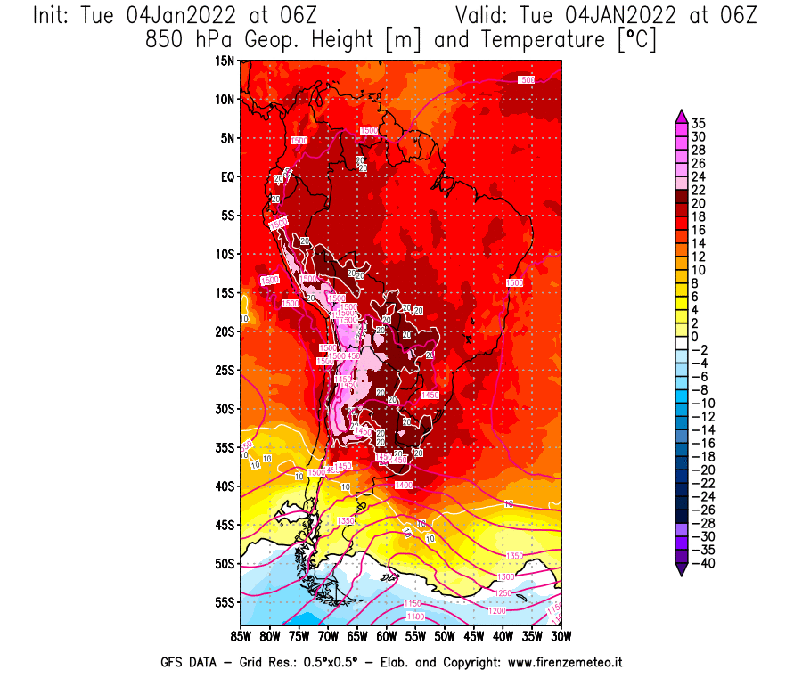 Mappa di analisi GFS - Geopotenziale [m] e Temperatura [°C] a 850 hPa in Sud-America
							del 04/01/2022 06 <!--googleoff: index-->UTC<!--googleon: index-->