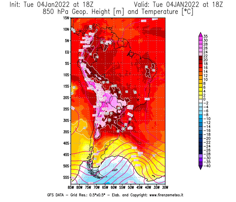 Mappa di analisi GFS - Geopotenziale [m] e Temperatura [°C] a 850 hPa in Sud-America
							del 04/01/2022 18 <!--googleoff: index-->UTC<!--googleon: index-->
