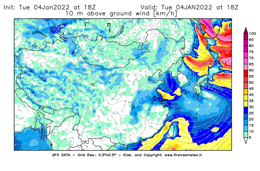 Mappa di analisi GFS - Velocità del vento a 10 metri dal suolo [km/h] in Asia Orientale
							del 04/01/2022 18 <!--googleoff: index-->UTC<!--googleon: index-->