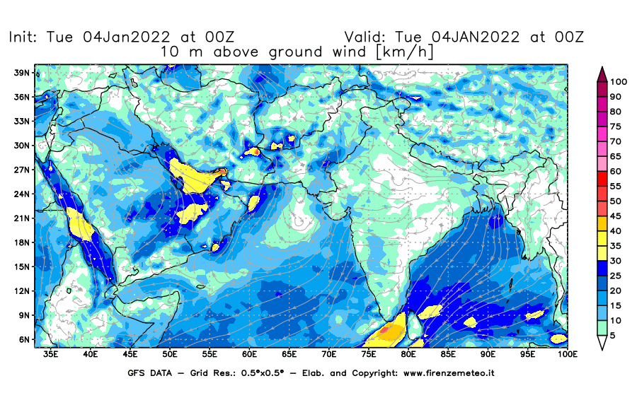 Mappa di analisi GFS - Velocità del vento a 10 metri dal suolo [km/h] in Asia Sud-Occidentale
							del 04/01/2022 00 <!--googleoff: index-->UTC<!--googleon: index-->