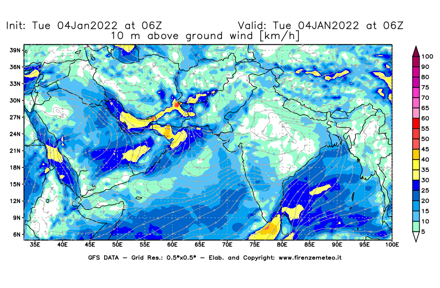 Mappa di analisi GFS - Velocità del vento a 10 metri dal suolo [km/h] in Asia Sud-Occidentale
							del 04/01/2022 06 <!--googleoff: index-->UTC<!--googleon: index-->