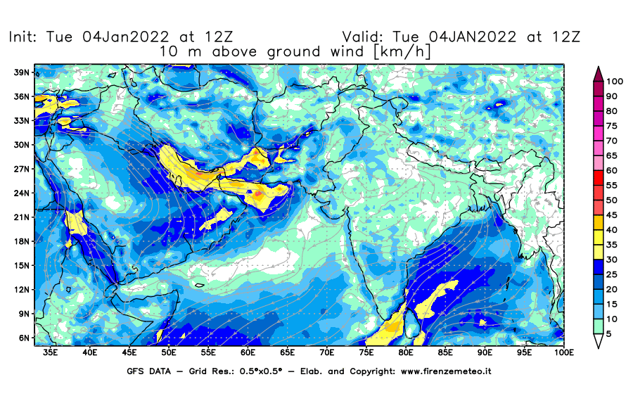 Mappa di analisi GFS - Velocità del vento a 10 metri dal suolo [km/h] in Asia Sud-Occidentale
							del 04/01/2022 12 <!--googleoff: index-->UTC<!--googleon: index-->