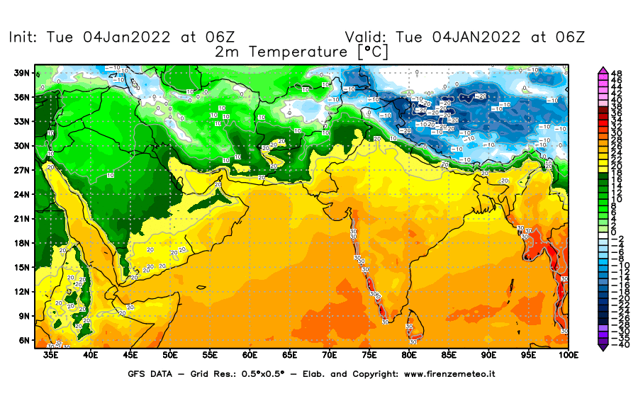 Mappa di analisi GFS - Temperatura a 2 metri dal suolo [°C] in Asia Sud-Occidentale
							del 04/01/2022 06 <!--googleoff: index-->UTC<!--googleon: index-->
